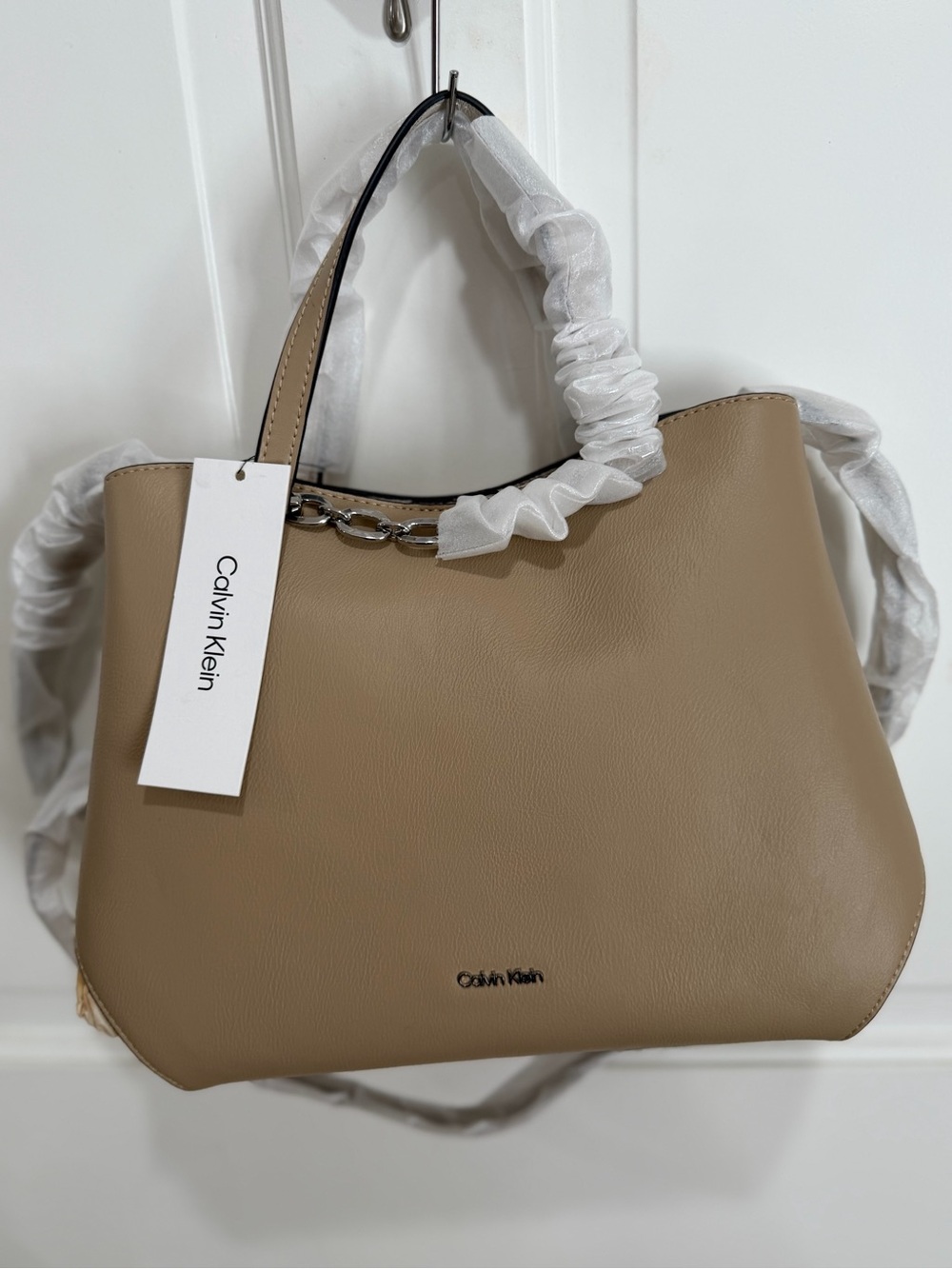 Calvin Klein Taupe Shoulder Tote with Chain Detail